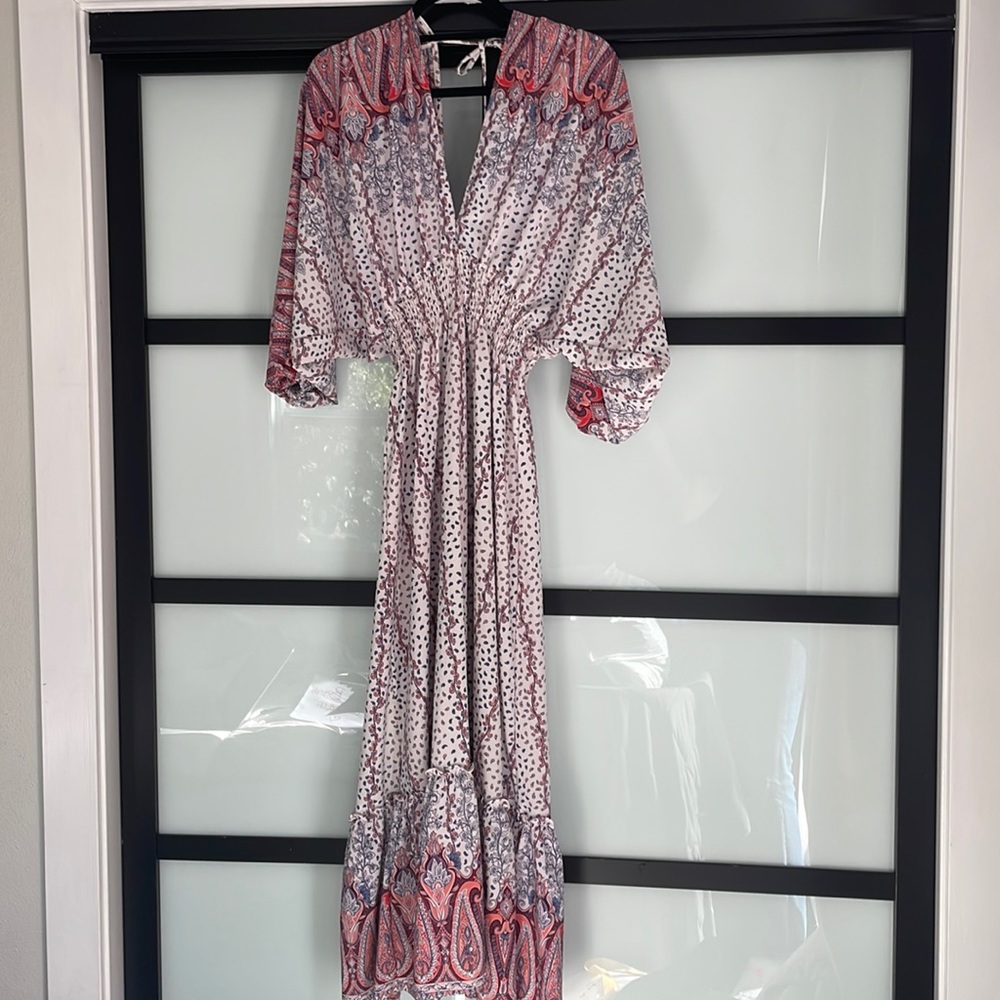 MISA midi dress flowy deep v neck floral pink